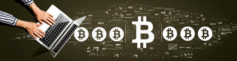 Bitcoin theme with person using laptop royalty free stock photo