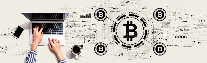 Bitcoin theme with person using laptop royalty free stock images