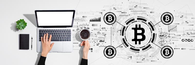 Bitcoin theme with person using laptop computer royalty free stock images