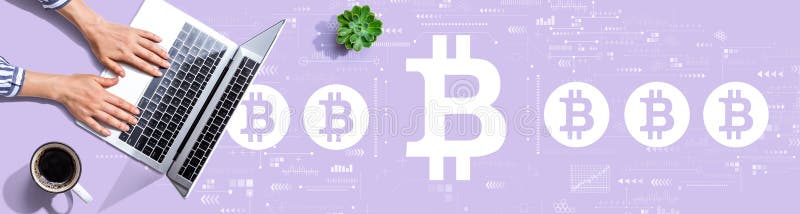 Bitcoin theme with person using a laptop stock images