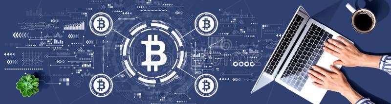 Bitcoin theme with person using a laptop royalty free stock photography