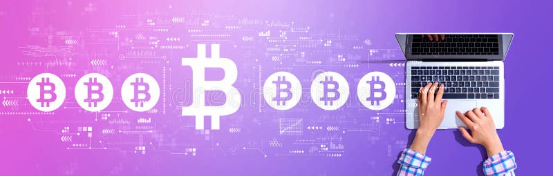 Bitcoin theme with woman using a laptop stock images