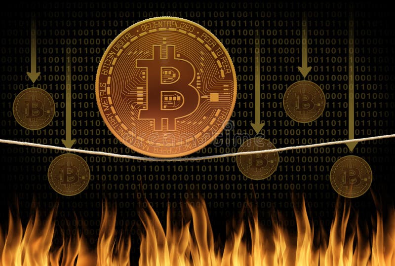 Bitcoin tightrope balancing act crash and burn falling value scene as bitcoins fall into the fire in the background royalty free stock image Bitcoin tightrope balancing act crash and burn falling value scene as bitcoins fall into the fire in the background royalty free stock image