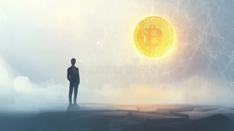 Bitcoin trader silhouette on digital platform for trading banner stock illustration