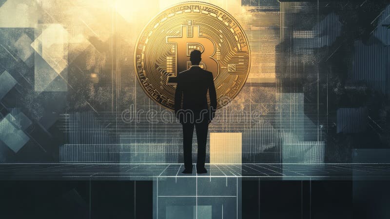 Bitcoin trader silhouette on digital platform for trading banner stock illustration