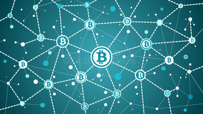 Bitcoin waluty crypto blockchain na błękitnych tła bitcoin blokach i transakcjach ilustracji