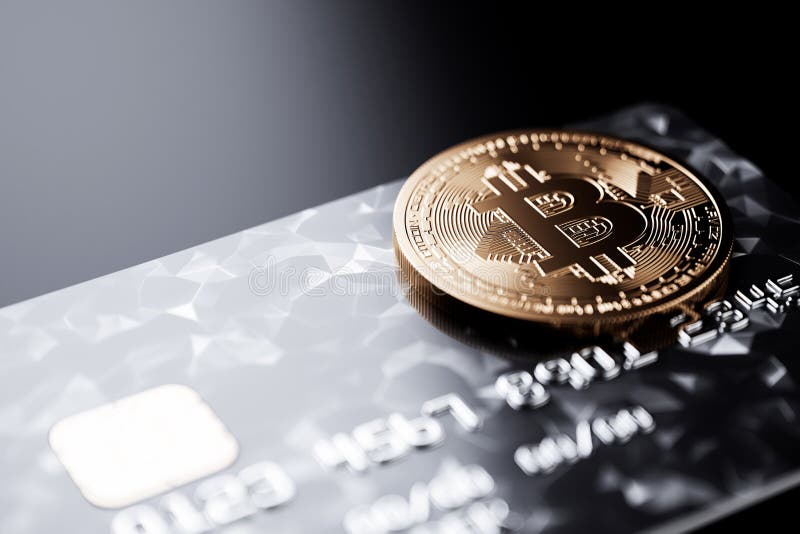 Bitcoin с кредитной карточкой на черной предпосылке таблицы иллюстрация штока Bitcoin с кредитной карточкой на черной предпосылке таблицы иллюстрация штока
