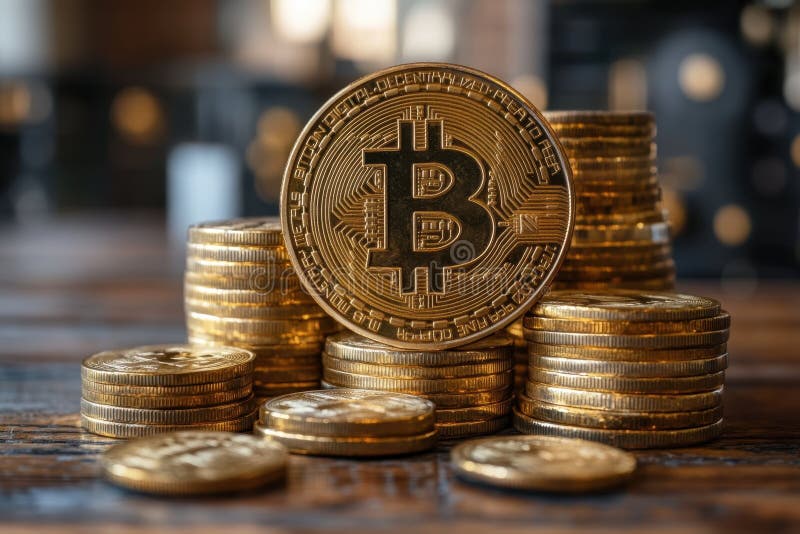 Bitcoines de oro apilados en una mesa de madera que exhibe la inversión en criptodivisa durante la madrugada en un moderno. Una colección de monedas de oro brillantes dispuestas en pilas sobre una mesa rústica de madera. la cálida luz matutina ilumina las monedas haciendo hincapié en sus intrincados diseños. este entorno refleja el creciente interés por las inversiones en criptodivisa. generado por ai