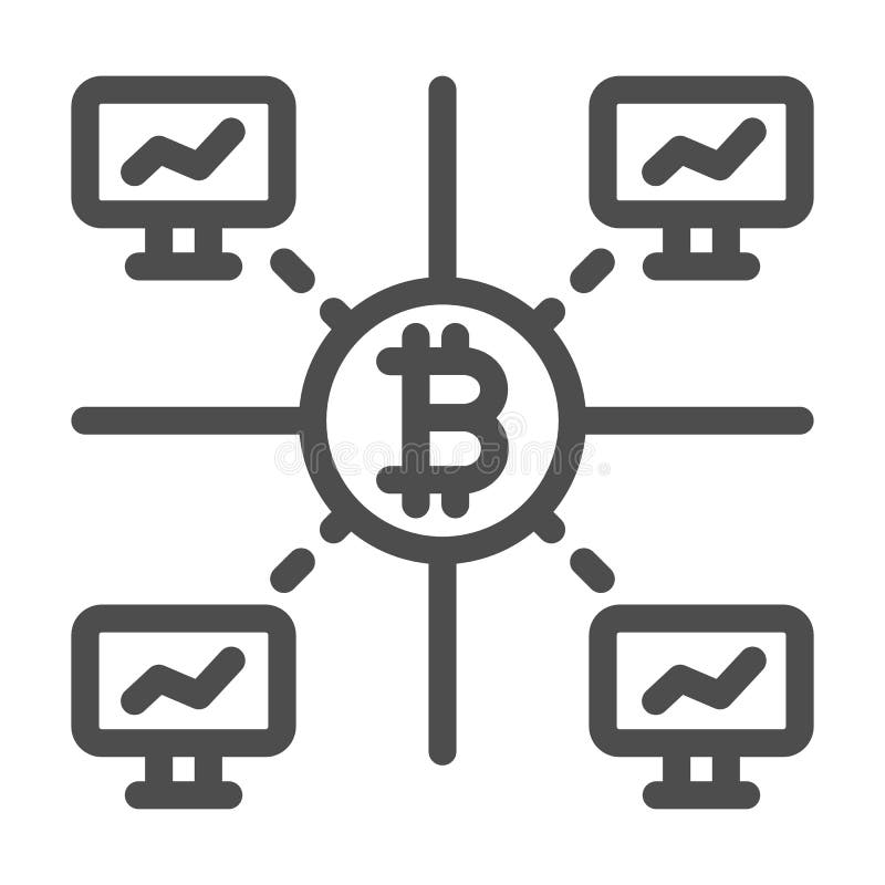 Bitcoins in computer network line icon, cryptocurrency concept, BTC net connections vector sign on white background, outline style icon for mobile concept and web design. Vector graphics