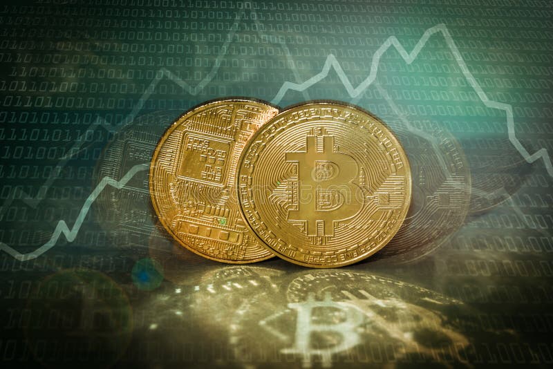Bitcoins conceptual image with binary code background. stock photography