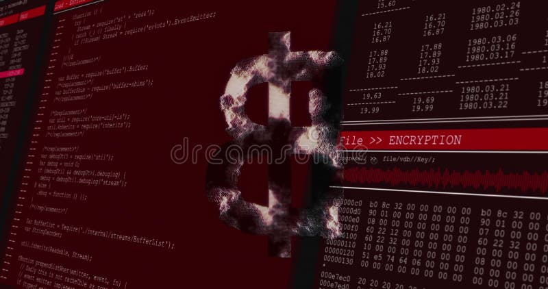 Bitmyntsymbol med krypteringstextanimering över datorkod och data royaltyfri illustrationer