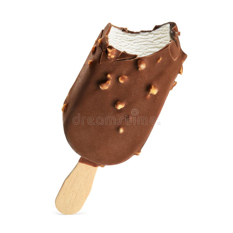 Bitten popsicle ice cream bar with chocolate coating and nuts isolated on white background