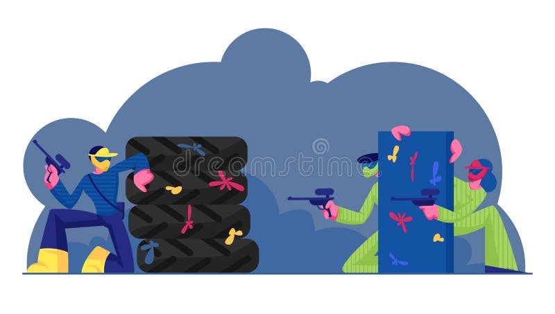 People Playing Paintball Battle. Team Hide behind Barrier during Sport Game. Players in Protective Uniform and Masks Aiming and Shooting with Gun to Opponents Outdoors Cartoon Flat Vector Illustration. People Playing Paintball Battle. Team Hide behind Barrier during Sport Game. Players in Protective Uniform and Masks Aiming and Shooting with Gun to Opponents Outdoors Cartoon Flat Vector Illustration