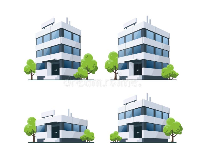 Biurowi Wektorowi budynki Ilustracyjni z drzewami