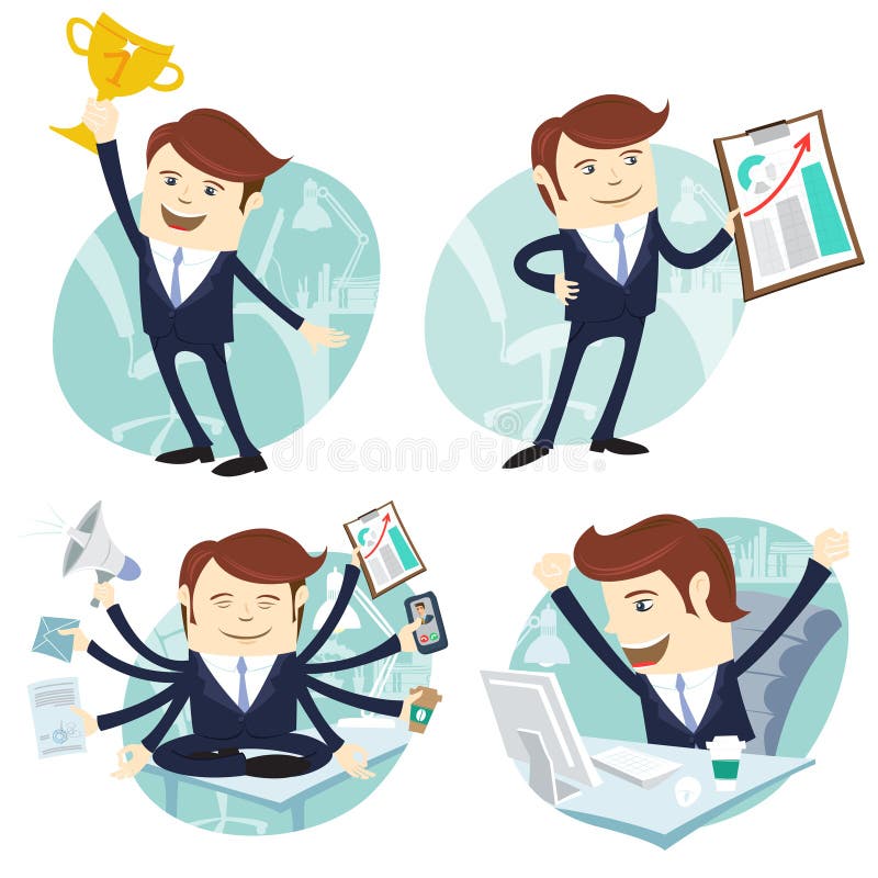 Vector Illustration Office man set: showing a graph, Happy worker at his desk, busy yoga white collar working hard by eight hands, winner with first place golden cup. Vector Illustration Office man set: showing a graph, Happy worker at his desk, busy yoga white collar working hard by eight hands, winner with first place golden cup