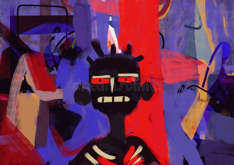 Bizarre dark African guy with scary smile and red eye in grunge graffiti painting with red and purple, mix-media artwork, street