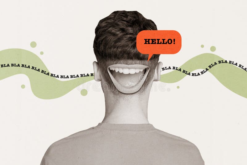Personaj bizar ilustrare a unui bărbat fără cap și fără față care spune 'Hello Chatterbox' izolat pe alb stock photo