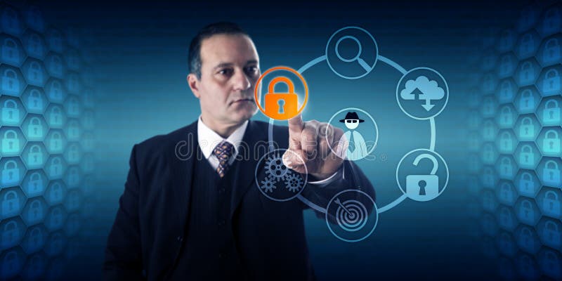 Businessman with concentrated look is activating a lock icon for fraud prevention. Information technology and cybersecurity concept for data protection, penetration testing and incident management. Businessman with concentrated look is activating a lock icon for fraud prevention. Information technology and cybersecurity concept for data protection, penetration testing and incident management.