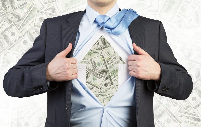 Biznesmen drzeje koszula na klatek piersiowych Dolarowych notatkach pod koszula Pojęcie biznesowa dusza zdjęcie royalty free Biznesmen drzeje koszula na klatek piersiowych Dolarowych notatkach pod koszula Pojęcie biznesowa dusza zdjęcie royalty free