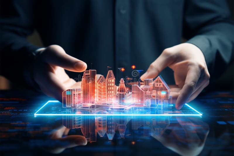 Biznesmen futuryzmu finansowego z modelem domu hologramem pokaz zysków ilustracji
