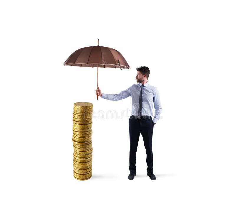 Biznesmen ochrania jego pieniędzy savings z parasolem pojęcie ubezpieczenia i pieniądze ochrona obrazy royalty free Biznesmen ochrania jego pieniędzy savings z parasolem pojęcie ubezpieczenia i pieniądze ochrona obrazy royalty free