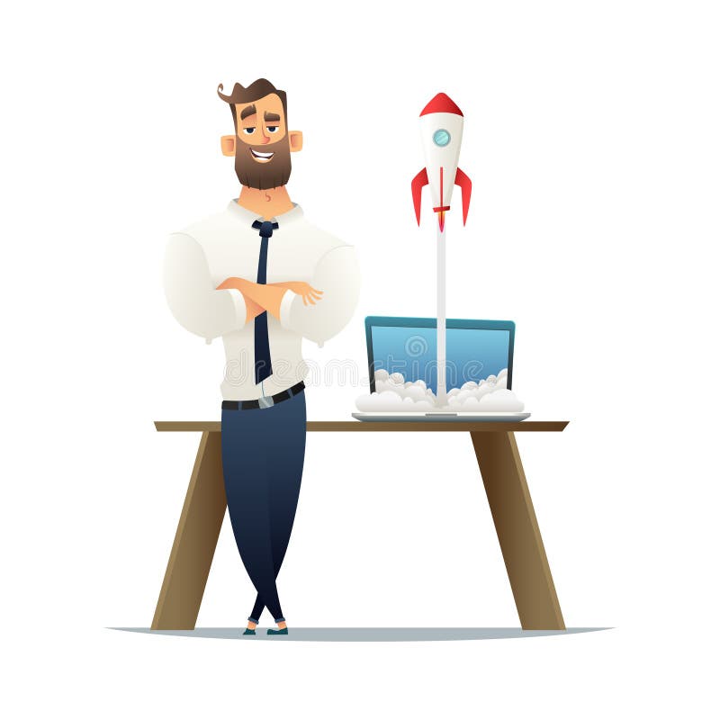 Biznesmen pozycja biurkiem z laptopem, rakieta jest zaczynając od laptopu Biznesowego rozpoczęcia pojęcie ilustracji
