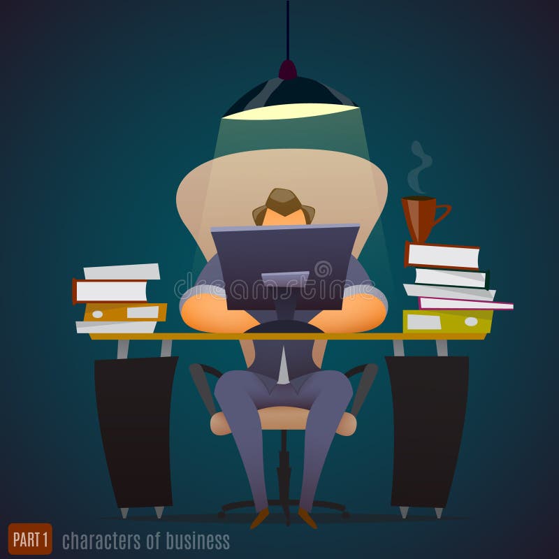 Biznesmen pracuje mocno przy biurowy bardzo opóźnionym ilustracji Biznesmen pracuje mocno przy biurowy bardzo opóźnionym ilustracji
