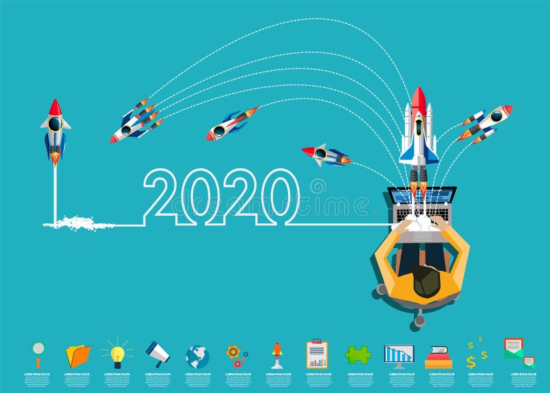 Biznesmen pracujący nad rakietą laptopa z pomysłem na żarówkę 2020 nowy rok biznes nowoczesny pomysł i koncepcja ilustracja ilustracji