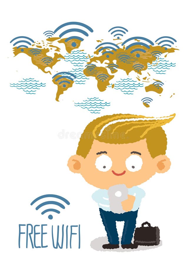 Biznesmen ręki mienia telefon komórkowy z bezpłatnymi wi fi w worldmap royalty ilustracja Biznesmen ręki mienia telefon komórkowy z bezpłatnymi wi fi w worldmap royalty ilustracja