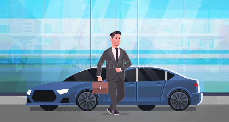 Biznesmen stoi blisko luksusowego samochodowego mężczyzny w kostiumu mienia walizce iść pracować biznesowego pojęcia płaską pełną ilustracja wektor Biznesmen stoi blisko luksusowego samochodowego mężczyzny w kostiumu mienia walizce iść pracować biznesowego pojęcia płaską pełną ilustracja wektor
