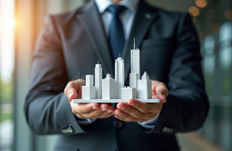 Biznesmen trzyma 3d model city skyline. wykresy wzrostu symbolizują rozwój miast. business pro pokazuje model planowania urbanisty ilustracji