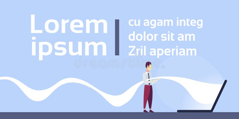 Biznesmen trzyma ogromnego rachunku czeka taśmy laptopu ekranu wynagrodzenia zakupy płatniczego nadchodzącego onlinego pojęcia bi royalty ilustracja Biznesmen trzyma ogromnego rachunku czeka taśmy laptopu ekranu wynagrodzenia zakupy płatniczego nadchodzącego onlinego pojęcia bi royalty ilustracja