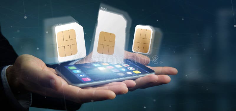Biznesmen trzyma R?? nego rozmiar smartphone sim karty 3d rendering royalty ilustracja