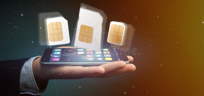 Biznesmen trzyma Różnego rozmiar smartphone sim karta 3d r. Widok biznesmen trzyma Różnego rozmiar smartphone sim karty 3d rendering