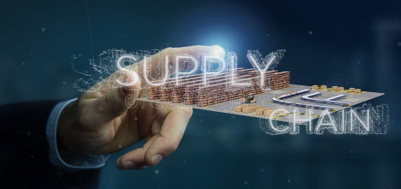Biznesmen trzyma Zaopatrzeniowego łańcuchu tytuł z magazynem na tła 3d renderingu ilustracji