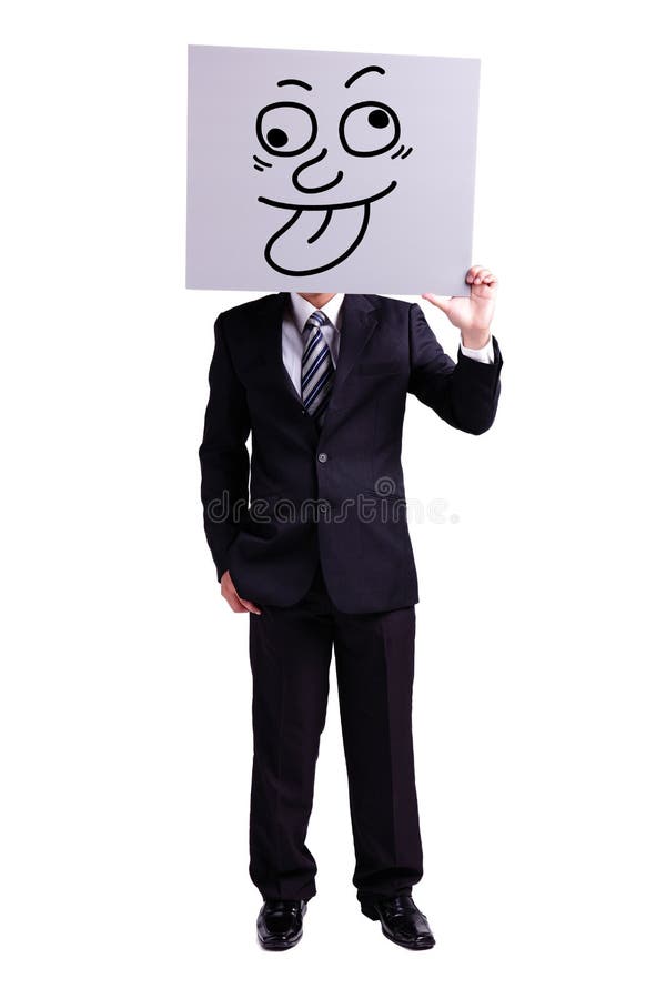 Businessman holding funny expression billboard with isolated white background. Businessman holding funny expression billboard with isolated white background