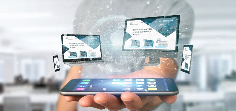 Biznesmen trzymający przyrząda łączących globalnego biznesu sieci 3d rendering ilustracja wektor