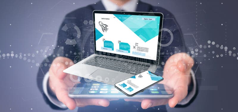 Biznesmen trzymający notebook i smartfon - renderowanie 3d ilustracja wektor