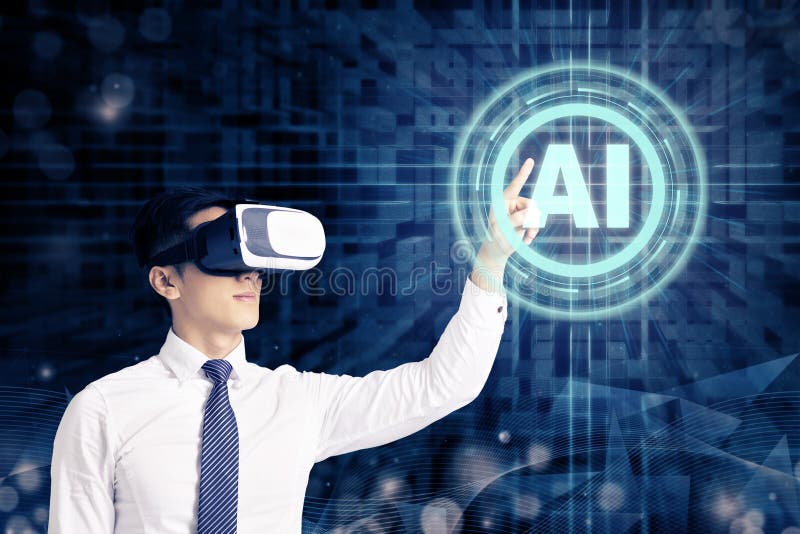 Biznesmen w VR szkłach i wskazywać przy jarzyć się cyfrową Sztucznej inteligencji AI technologię fotografia royalty free Biznesmen w VR szkłach i wskazywać przy jarzyć się cyfrową Sztucznej inteligencji AI technologię fotografia royalty free