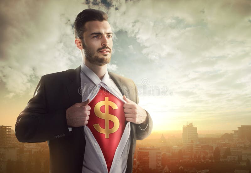 Businessman with dollar sign as superhero background outdoors. Businessman with dollar sign as superhero background outdoors