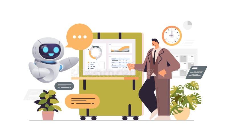 Biznesmen z robotem analizującym dane statystyczne w koncepcji technologii sztucznej inteligencji biurowej ilustracja wektor