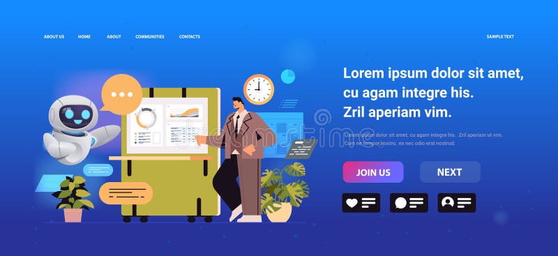 Biznesmen z robotem analizującym dane statystyczne w koncepcji technologii sztucznej inteligencji biurowej royalty ilustracja