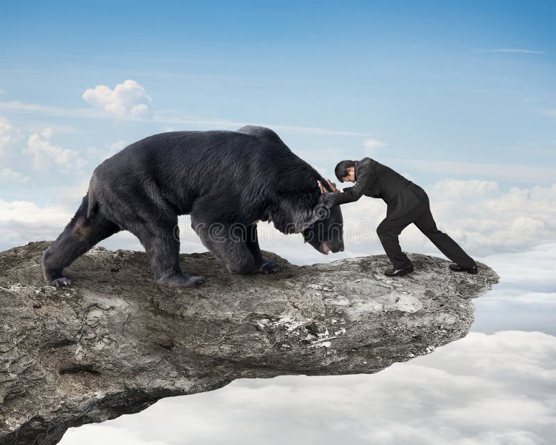Biznesmena bój przeciw czarnemu niedźwiedziowi na falezie z niebem chmurnieje