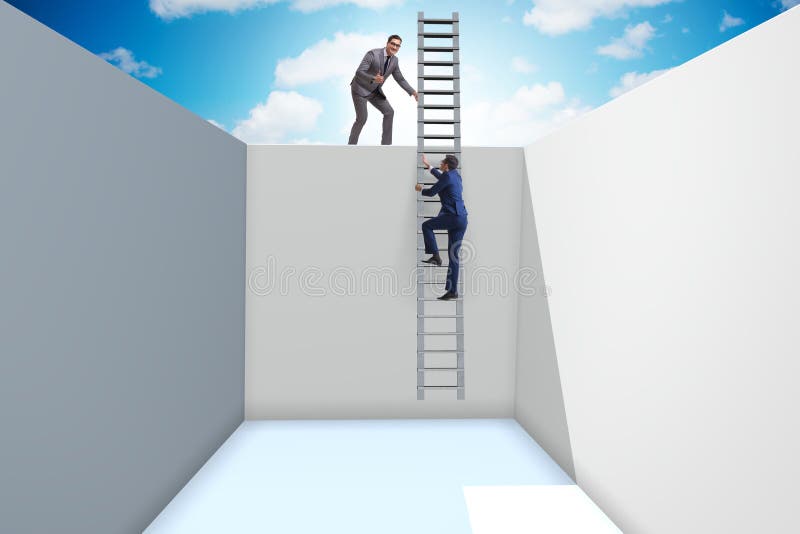 Businessman helping colleague to escape from problems. Businessman helping colleague to escape from problems