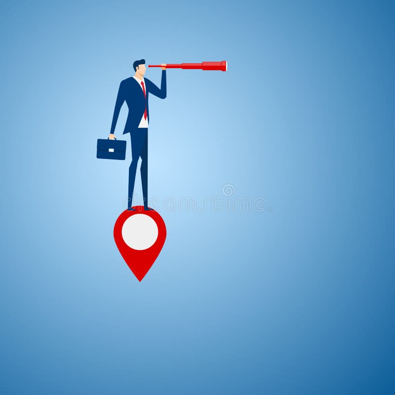 Biznesmena stojak na mapa pointerze używa teleskop patrzeje dla sukcesu, sposobności, przyszłościowy biznes wykazywać tendencję 3 royalty ilustracja Biznesmena stojak na mapa pointerze używa teleskop patrzeje dla sukcesu, sposobności, przyszłościowy biznes wykazywać tendencję 3 royalty ilustracja