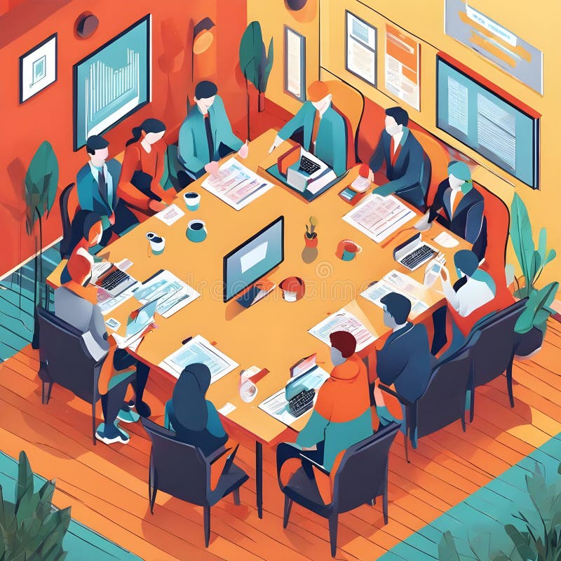 An AI generated illustration of Group of businessmen in a meeting, sitting around a large table, engaging in simultaneous conversation. An AI generated illustration of Group of businessmen in a meeting, sitting around a large table, engaging in simultaneous conversation