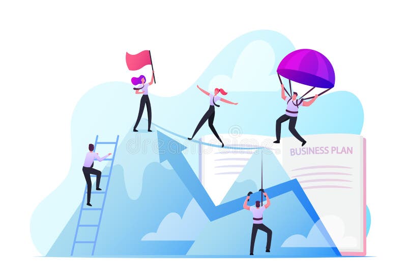 Business People Climbing on Mountain Peak, Walking on Rope, Falling with Parachute. Characters New Heights, Team Work, Working Together for Goal Achievement Concept. Cartoon People Vector Illustration. Business People Climbing on Mountain Peak, Walking on Rope, Falling with Parachute. Characters New Heights, Team Work, Working Together for Goal Achievement Concept. Cartoon People Vector Illustration