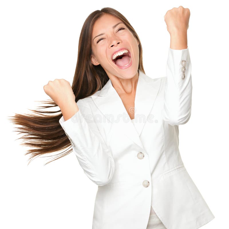 Happy winner - success business woman celebrating screaming and dancing of joy after winning something. Beautiful mixed race Chinese Asian / Caucasian businesswoman in white cheerful over her success. Isolated on white background. Happy winner - success business woman celebrating screaming and dancing of joy after winning something. Beautiful mixed race Chinese Asian / Caucasian businesswoman in white cheerful over her success. Isolated on white background.