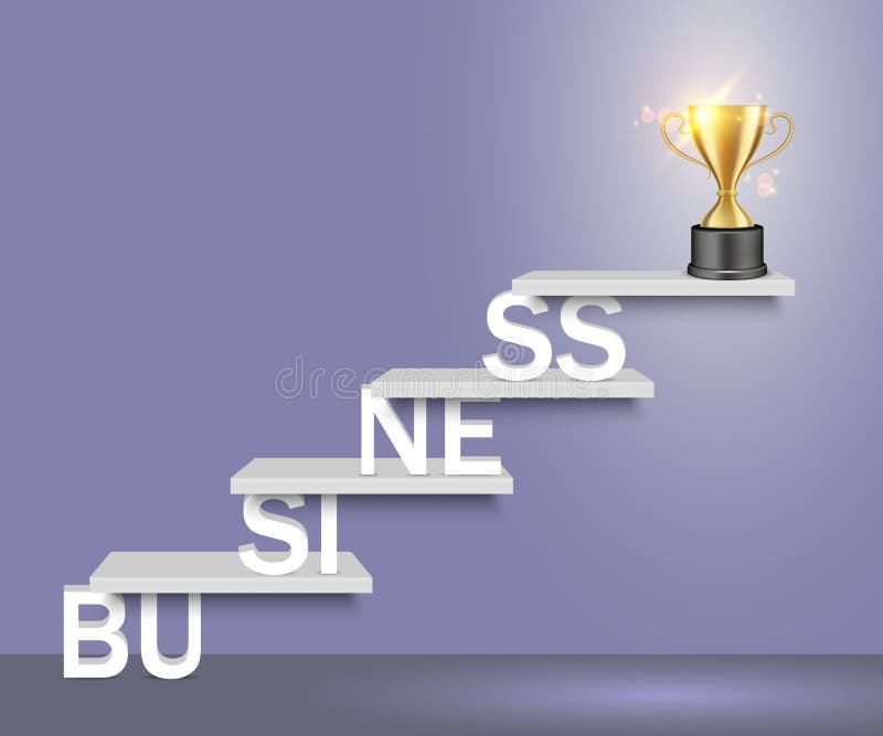 Biznesowa słowo drabina z trofeum filiżanki wektorową realistyczną ilustracją ilustracji Biznesowa słowo drabina z trofeum filiżanki wektorową realistyczną ilustracją ilustracji