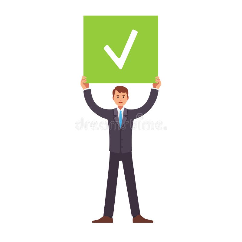 Business man standing and holding job done check sign in hands above his head. Flat style vector illustration clipart. Business man standing and holding job done check sign in hands above his head. Flat style vector illustration clipart.